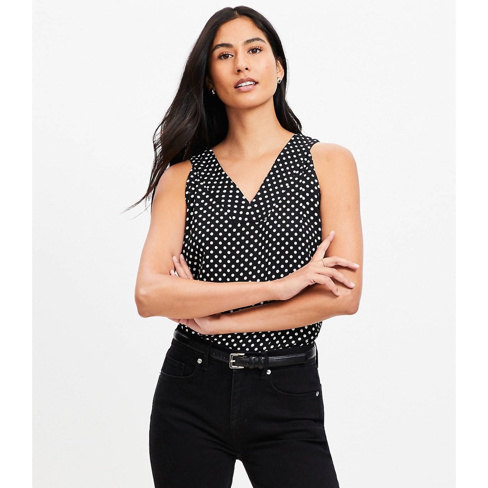 Loft Dotted Double V Halter Top Black White Polka Dot Blouse Women's Size Small